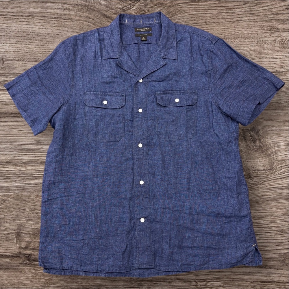 Banana Republic Mens Blue 100% Linen Short Sleeve Camp Shirt Standard Fit Large